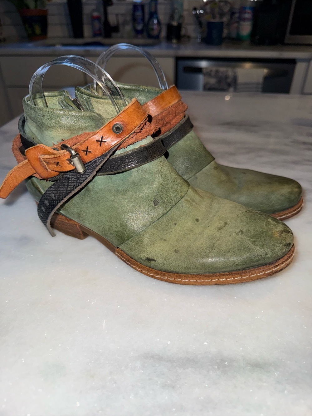 A.S. 98 Biker Ankle Boots-Sage Green-Distressed-Leather Straps-Size 39
